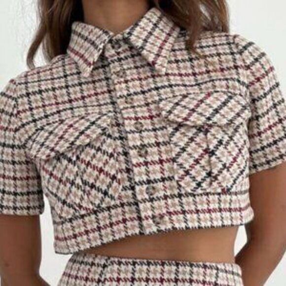 Rumored Coco Top Newbury Plaid Tweed Cropped Brown Maroon Gold, Size S NWT - Picture 1 of 10